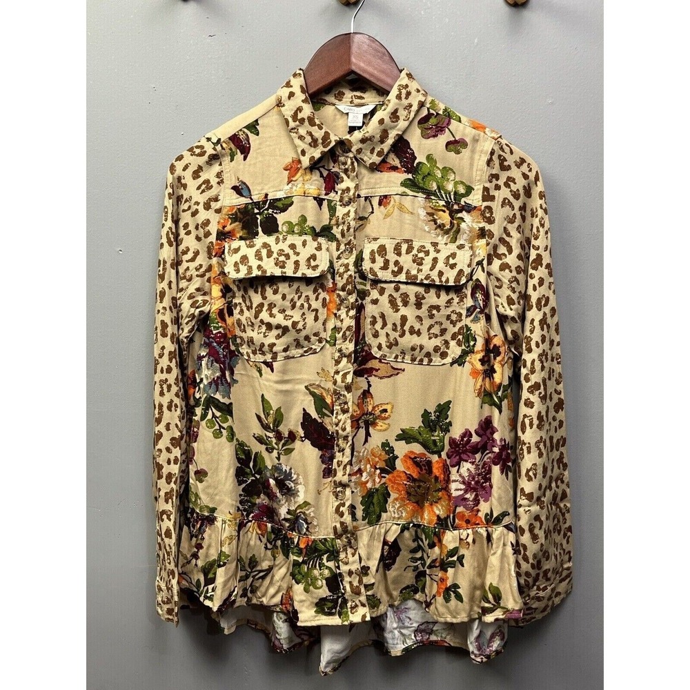 Cato Button Shirt Womens XS Tan Floral Leopard Print Peplum Ruffle‎ Mixed Media